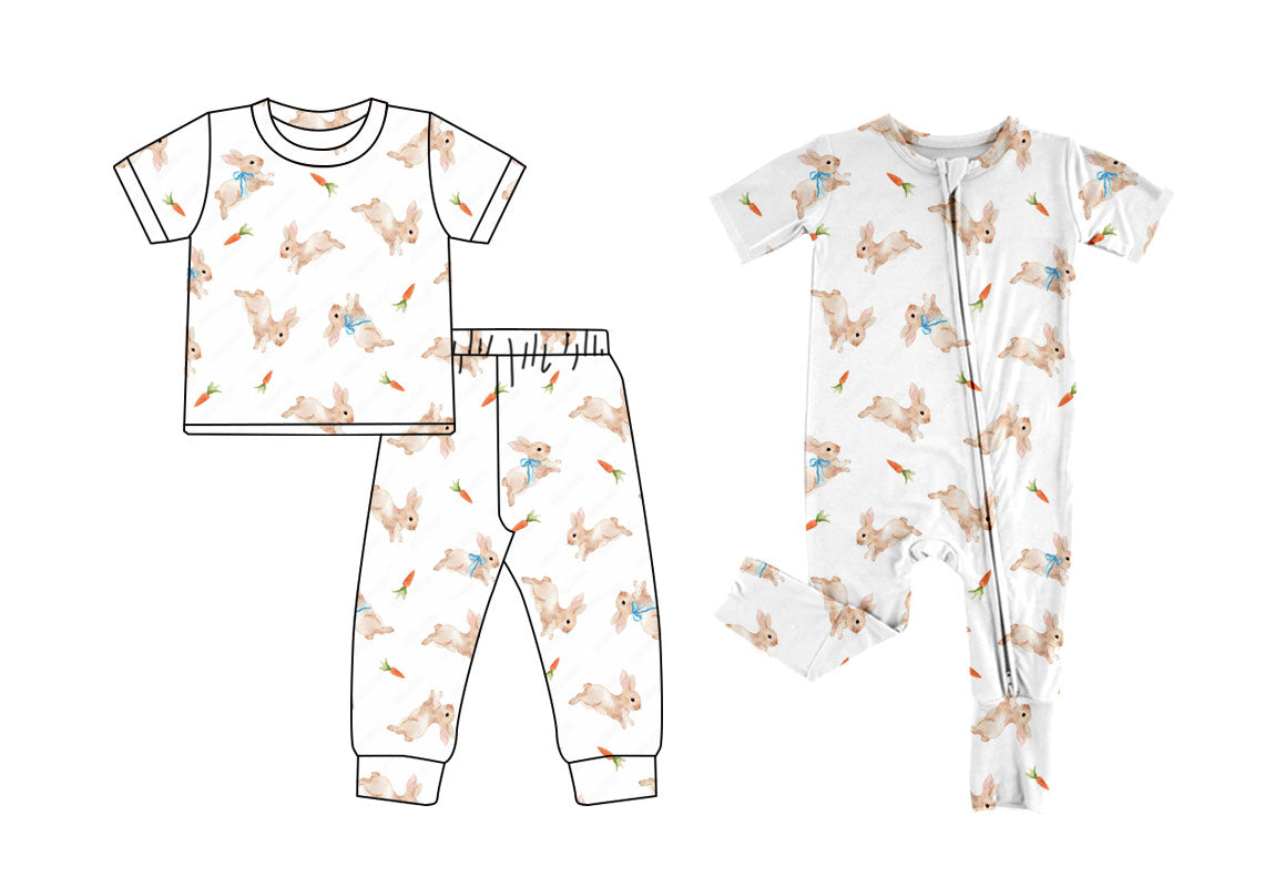 ( Moq 5 Each Style ) Toddler Kids Short Sleeves Rabbits Carrots Easter Sibling Zipper Romper Set