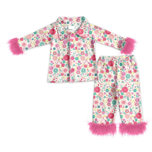 ( Moq 5 ) Baby Girls Fur Long Sleeves Buttons Shirt Pants Pajamas Flower Set