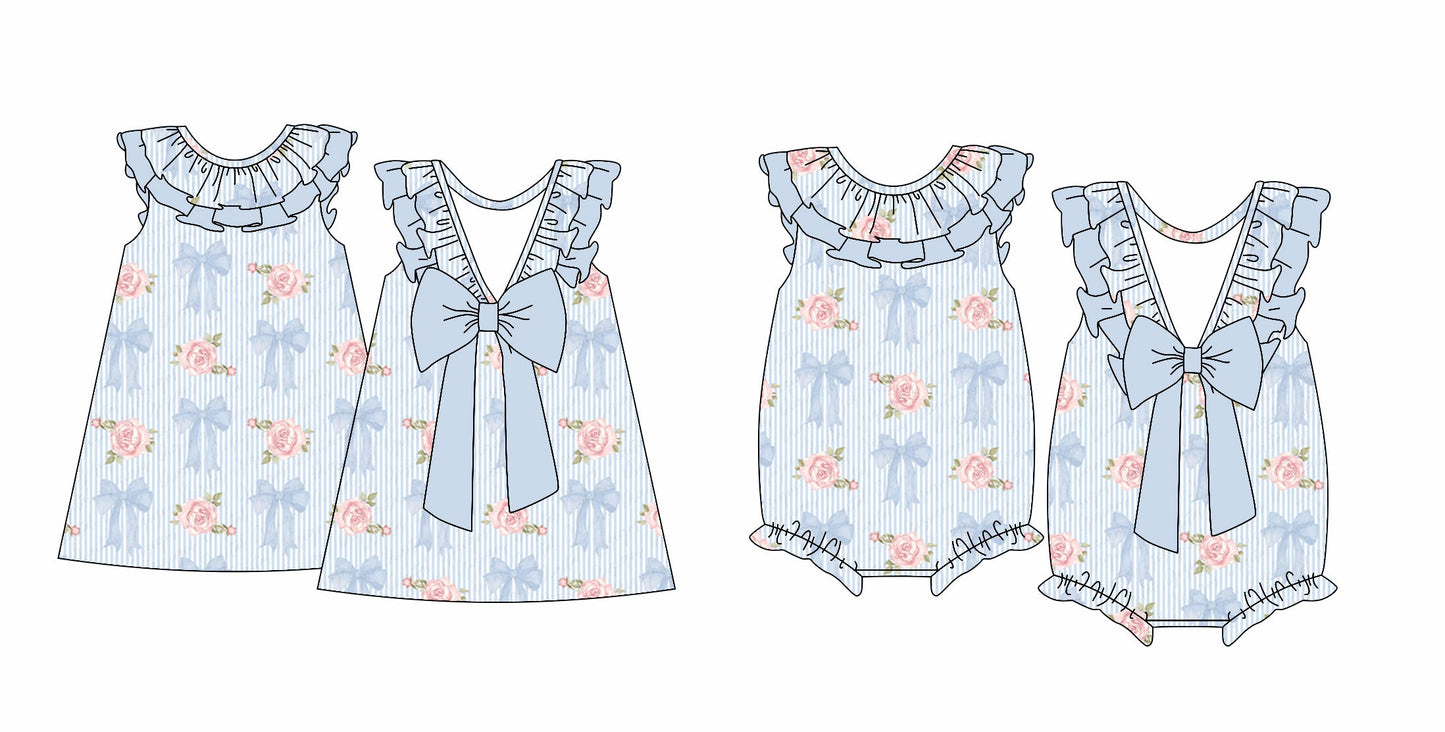 Baby Girl Blue Bows Flower Summer Sibling Dress Romper ( Moq 5 Each Design ) 12.14