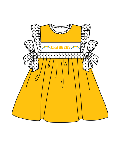 ( Moq 5 ) Baby Girls Toddler Dots Short Sleeves Bows Team Yellow Knee Length Dress