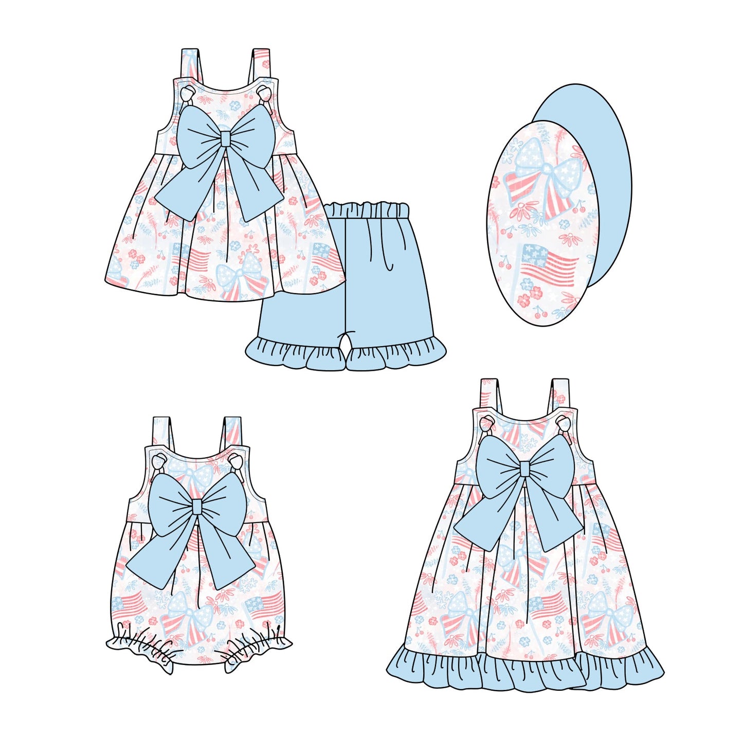 Baby Girl July 4th Flags Bows Sibling Romper Dress Set ( Moq 5 Each Style ) 1.9