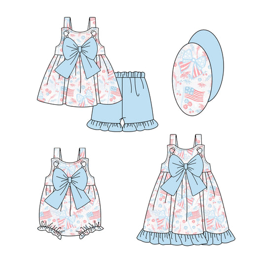 Baby Girl July 4th Flags Bows Sibling Romper Dress Set ( Moq 5 Each Style ) 1.9