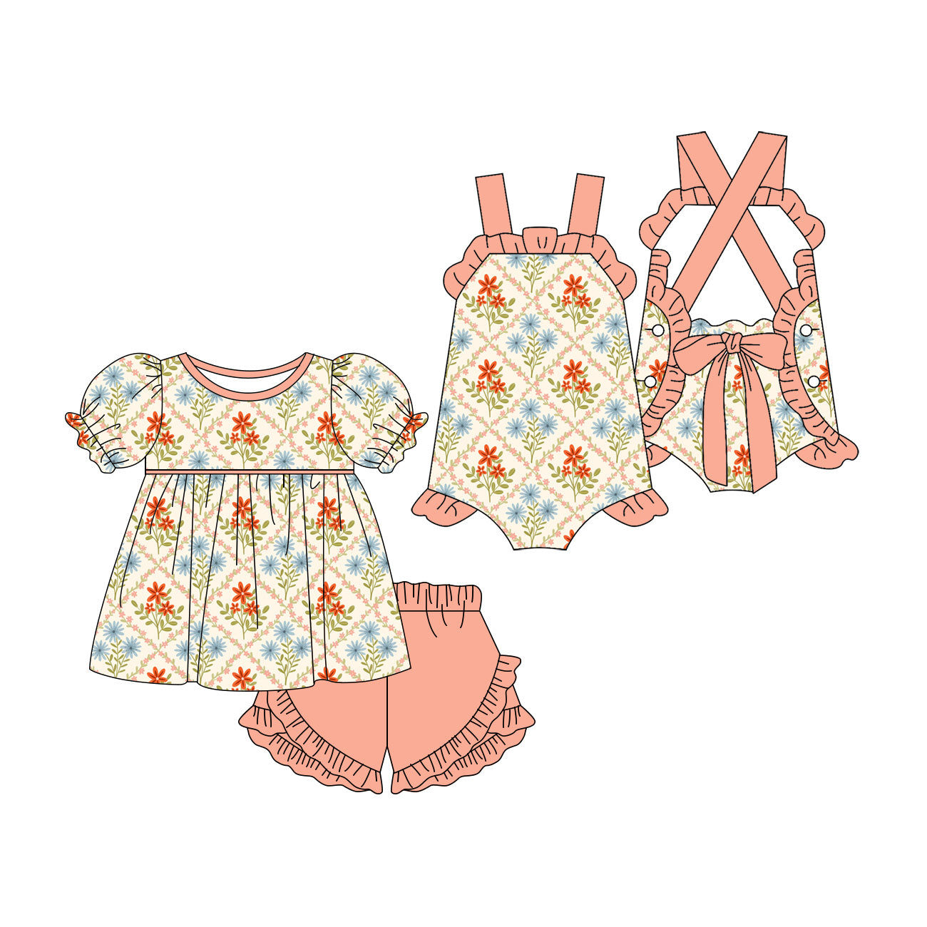 ( Moq 5 Each Style ) Sibling Baby Girls Kids Flower Romper Set Summer Clothes