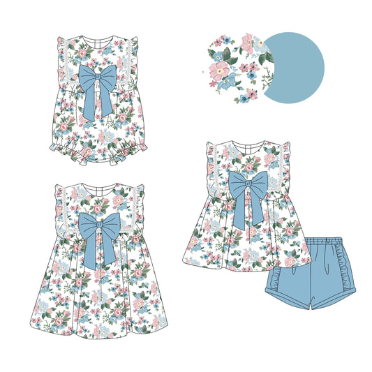 ( Moq 5 Each Style ) Baby Girl Flower Blue Bows Sibling Romper Dress Set 3.28