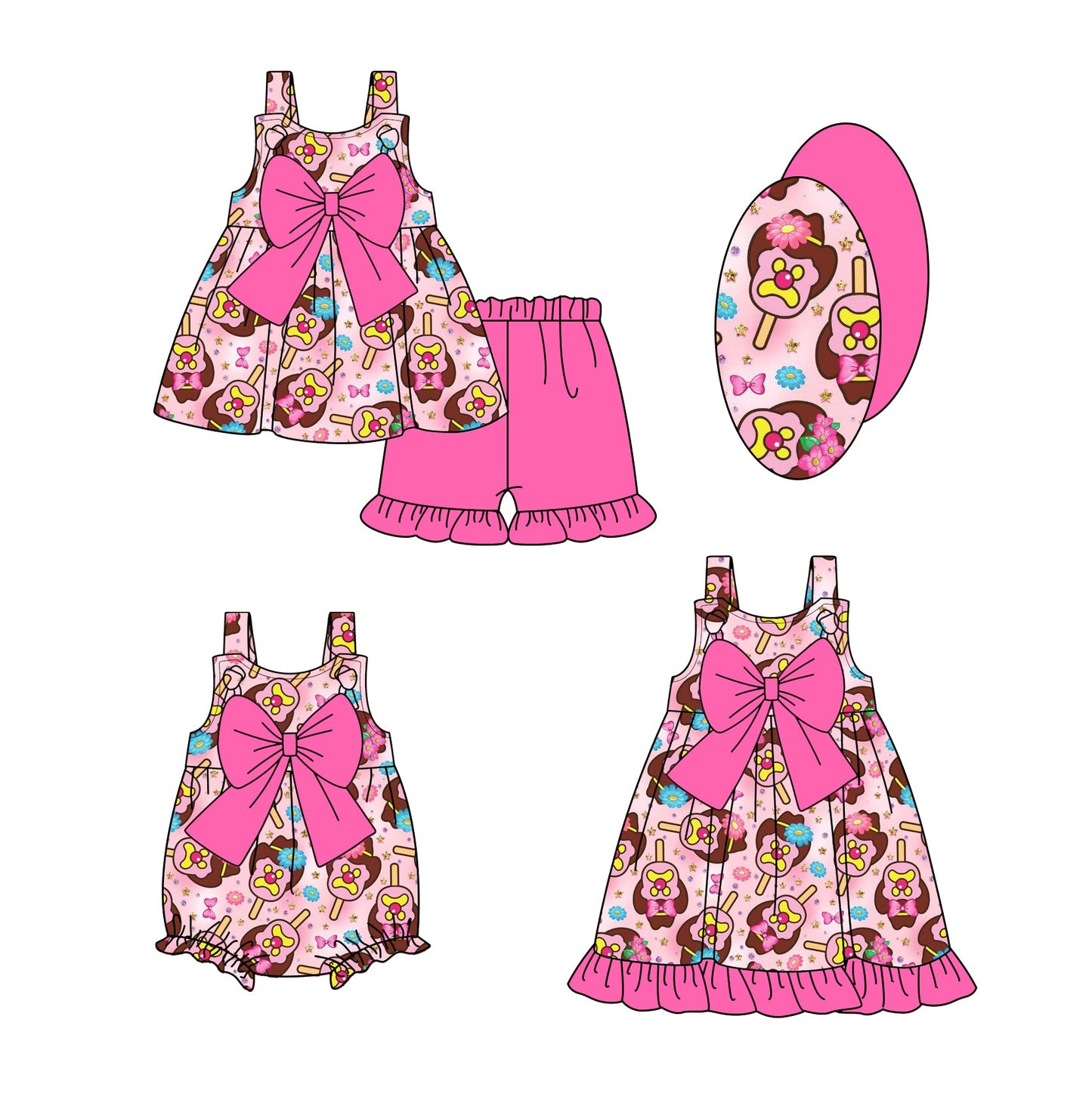 Baby Girl Cartoon Popsicles Bows Ruffle Sibling Romper Dress Set ( Moq 5 Each Style ) 2.28