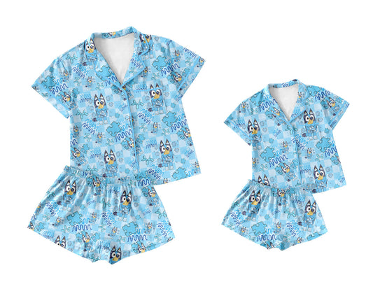 Baby Girl Adult Women Short Sleeves Dogs Blue Sibling Pajamas Set ( Moq 5 Each Style ) 3.21