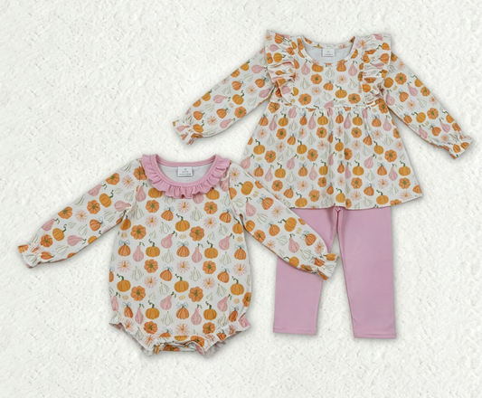 Sibling Baby Girls Kids Thanksgiving Pumpkins Bows Romper Set Fall Clothes RTS