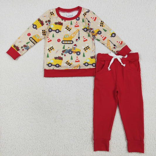 Baby Boy Long Sleeves Trucks Shirt Pockets Red Pants Christmas Set RTS