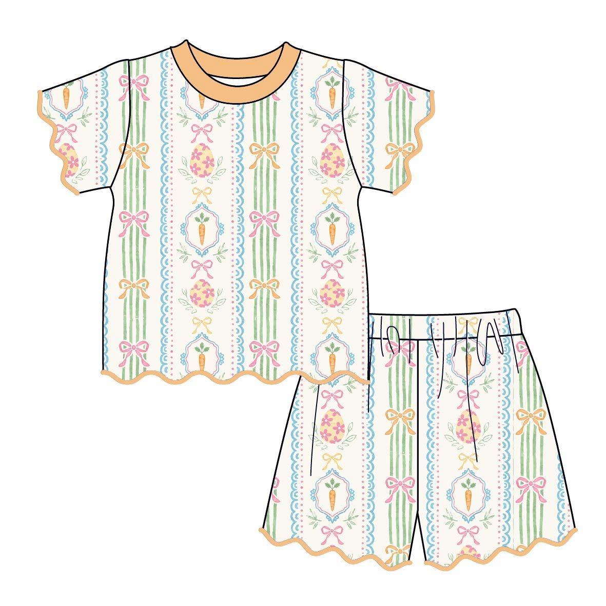 ( Moq 5 ) Preorder Baby Girls Kids Eggs Carrots Bows Tops Scallop Shorts Easter Clothes