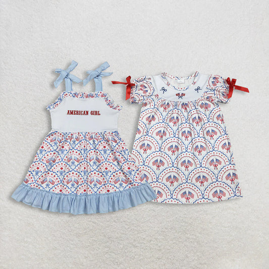 Sibling Baby Girls Kids Flags Bows Stars 4th of July Knee Length Dresses Embroidery Clothes RTS