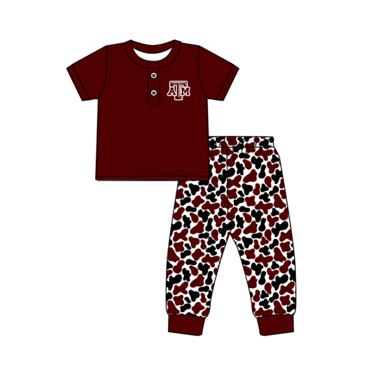 ( Moq 5 ) Baby Boys Dark Red Short Sleeves ATM Buttons Shirt Camo Pants Team Clothes Set