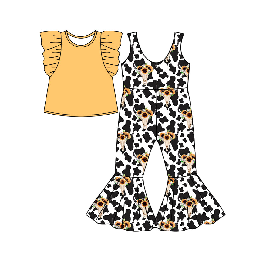 Baby Girl Short Sleeves Orange Shirt Western Cow Jumpsuit Set ( Moq 5 Each Design )11.26