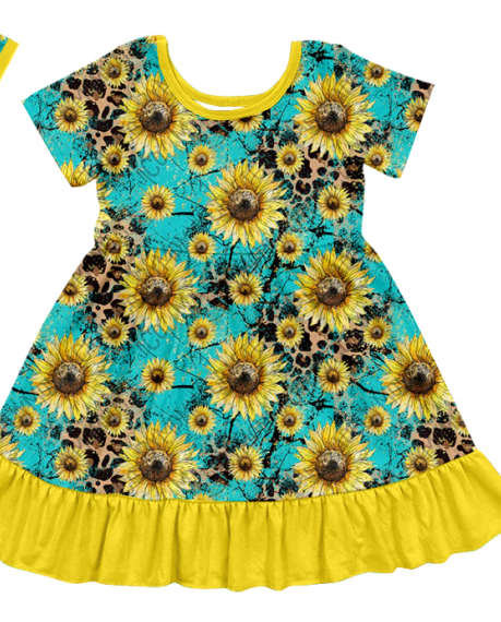 Baby Girl Short Sleeves Western Cow Sunflower Sibling Matching Romper Dress Clothes Set 11.11