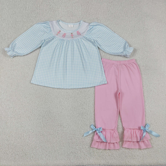 Baby Girls Kids Long Sleeves Embroidery Dance Plaid Tunic Bows Pants Clothes Set RTS