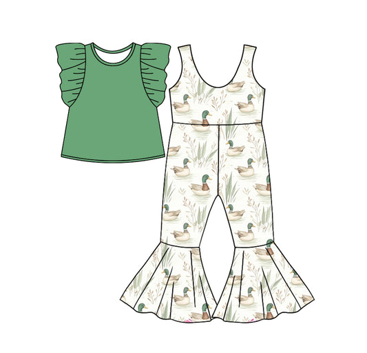 Baby Girl Short Sleeves Green Shirt Ducks Jumpsuit Set ( Moq 5 Each Design )11.26
