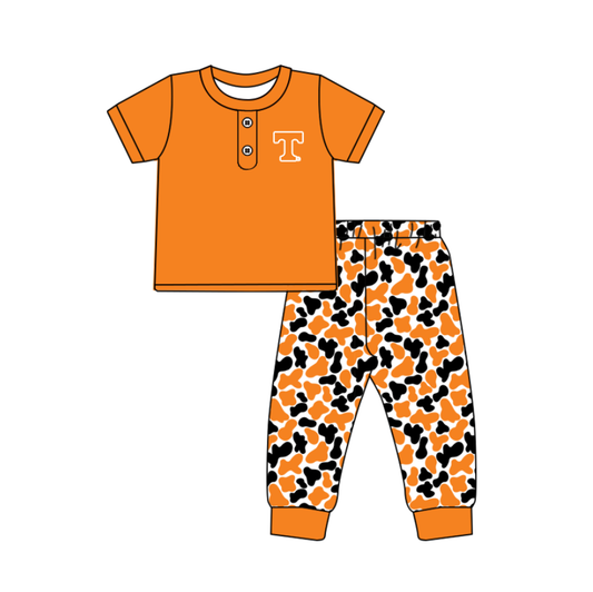 ( Moq 5 ) Baby Boys Orange Short Sleeves T Buttons Shirt Camo Pants Team Clothes Set