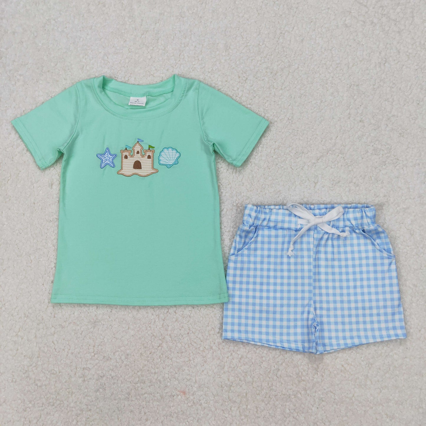 Baby Boy Embroidery Castle Shell Shirt Blue Checked Shorts Clothes Set RTS