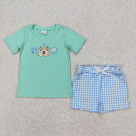 Baby Boy Embroidery Castle Shell Shirt Blue Checked Shorts Clothes Set RTS