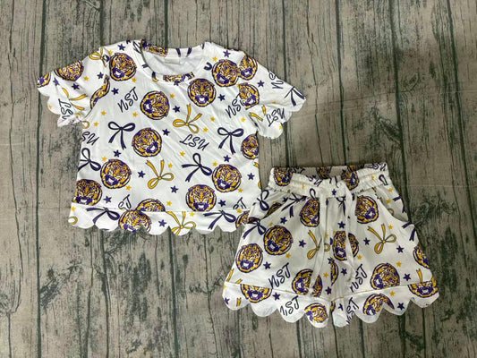 ( No moq ) Preorder Baby Girls Kids Short Sleeves Tigers Bows Team Shirt Scallop Shorts Set
