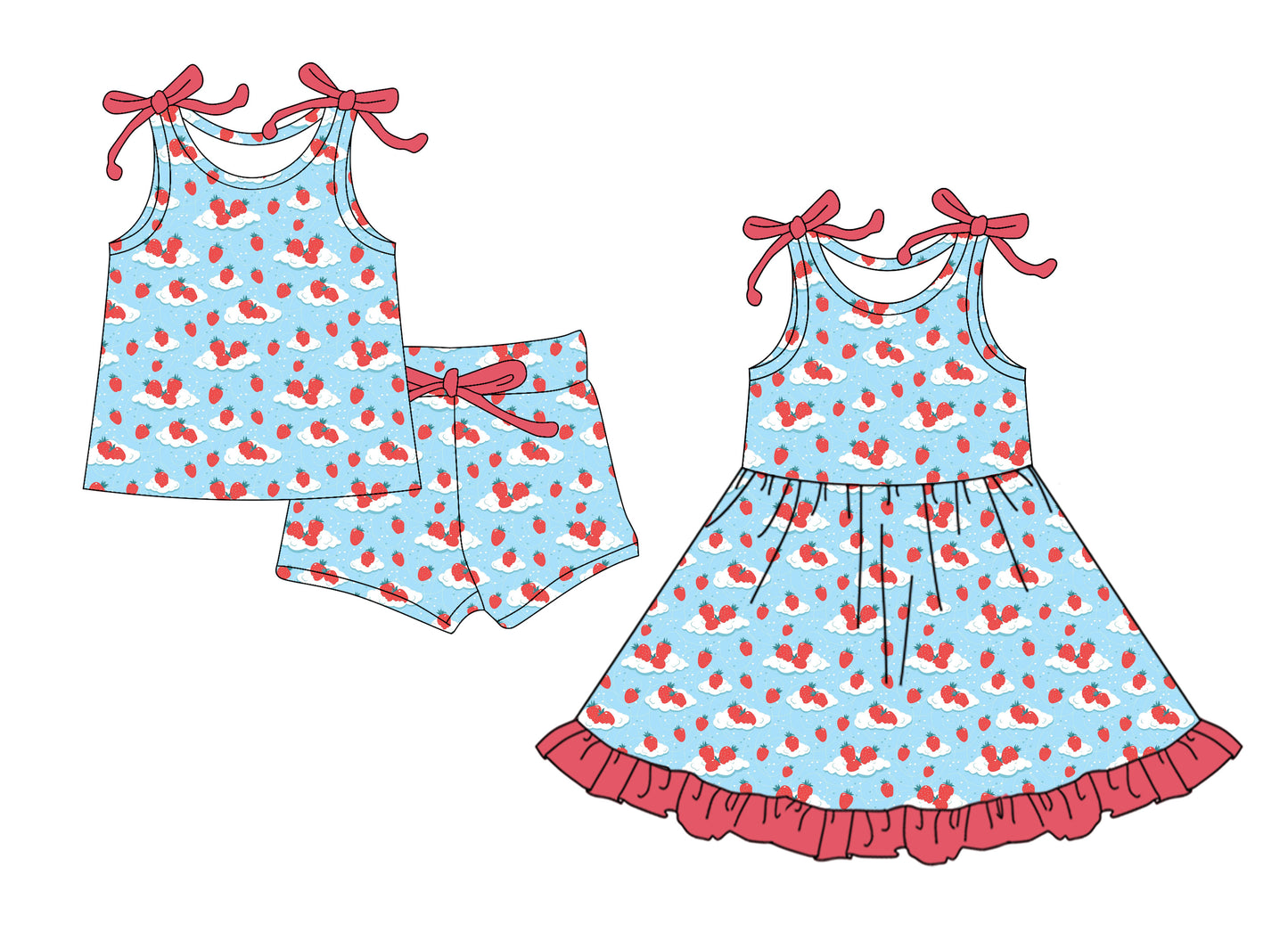 ( Moq 5 Each Style ) Baby Girls Kids Straps Strawberry Sibling Summer Blue Dress Set