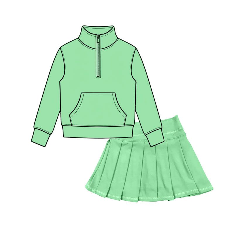 ( Moq 5 ) Preorder Baby Girls Kids Pocket Zipper Shirt Skirt Shorts Green Yoga Active Set Clothes