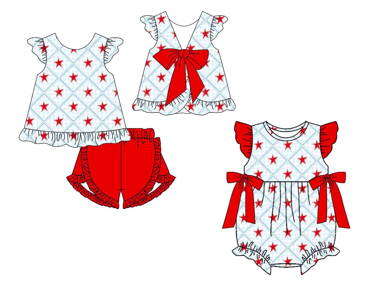 ( Moq 5 Each Style ) Baby Girls Kids Toddler Stars Sibling 4th of July Romper Set