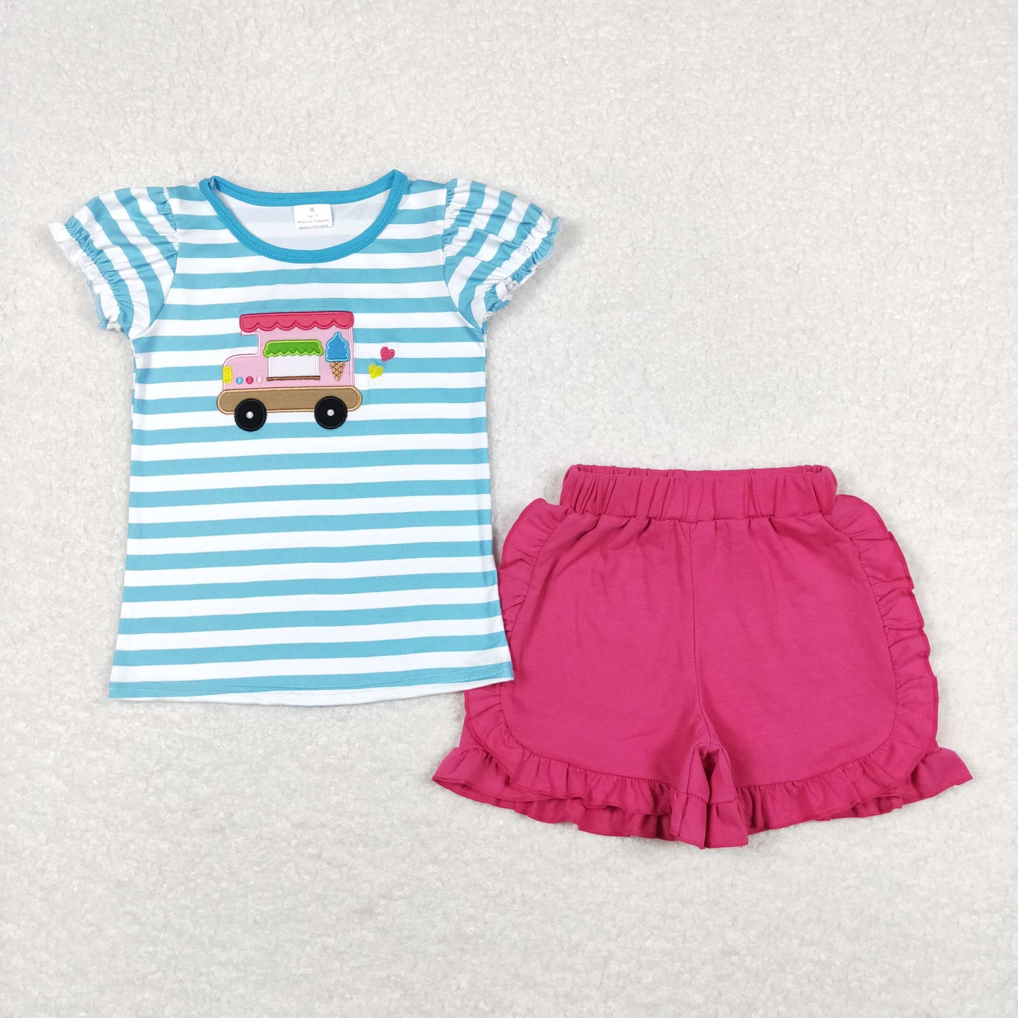 Baby Girl Short Sleeves Embroidery Popstick Car Strpes Shirt Shorts Set