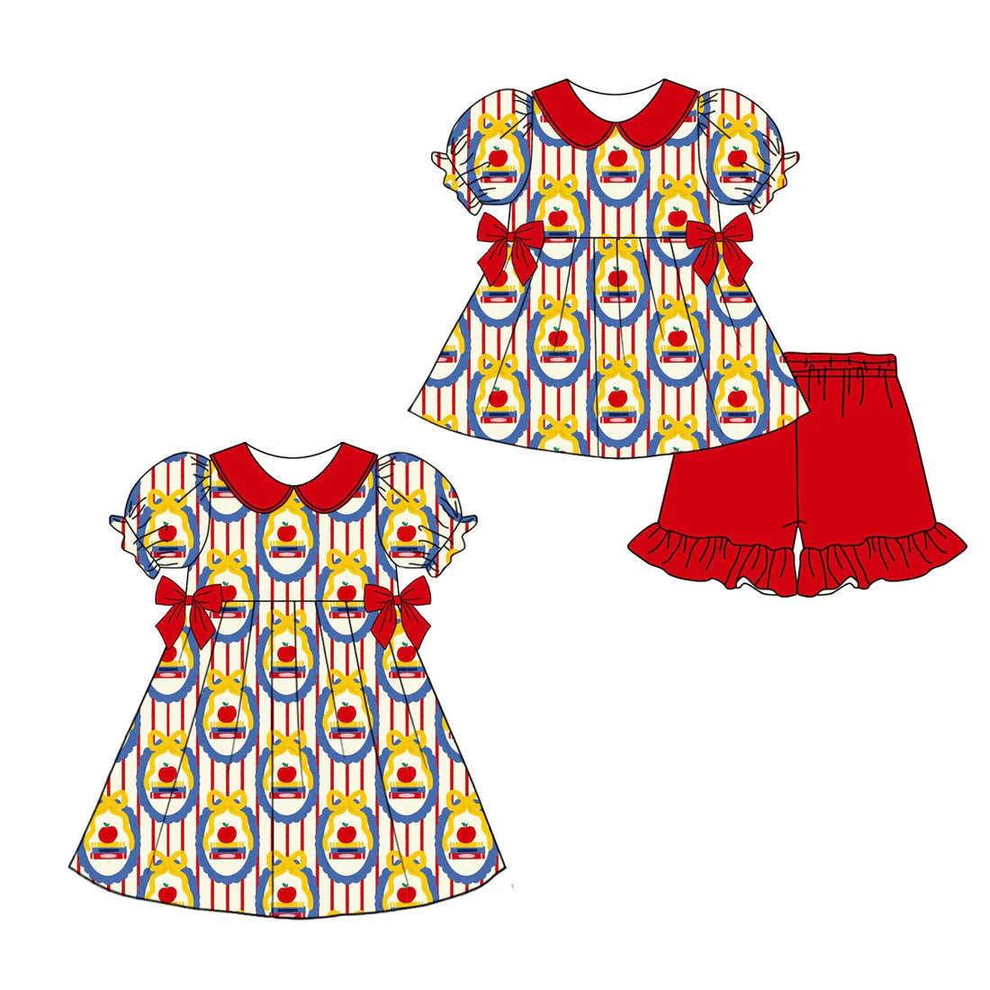 ( Moq 5 Each Style ) Sibling Baby Girls Kids Red Bows Back to School Short Sleeves Dress Set