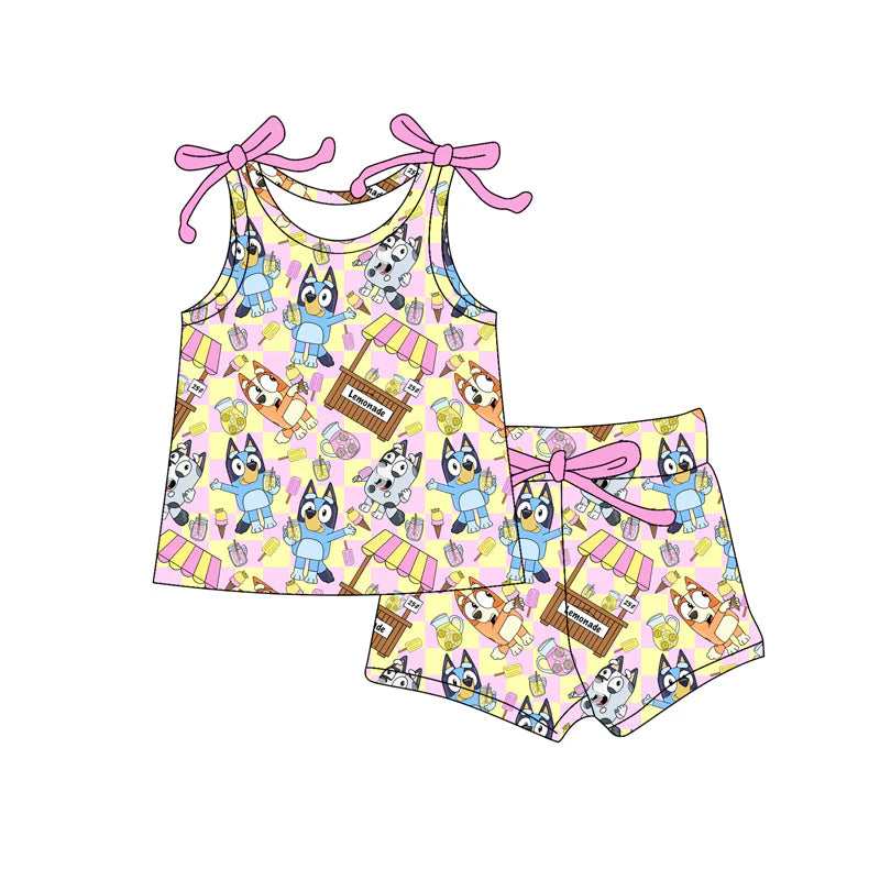 Baby Girls Bows Sleeveless Cartoon Dogs Ice Cream Truck Top Short Set ( Moq 5 )