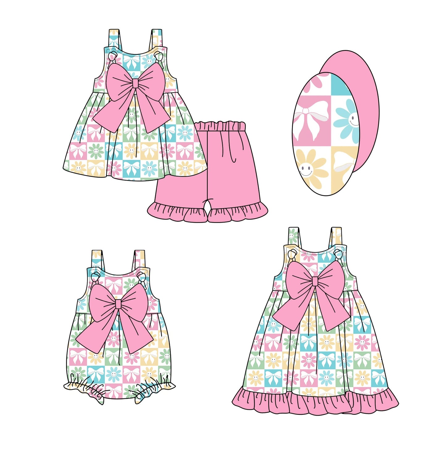 Baby Girl Bows Smile Flower Checked Sibling Romper Dress Set ( Moq 5 Each Style ) 1.23