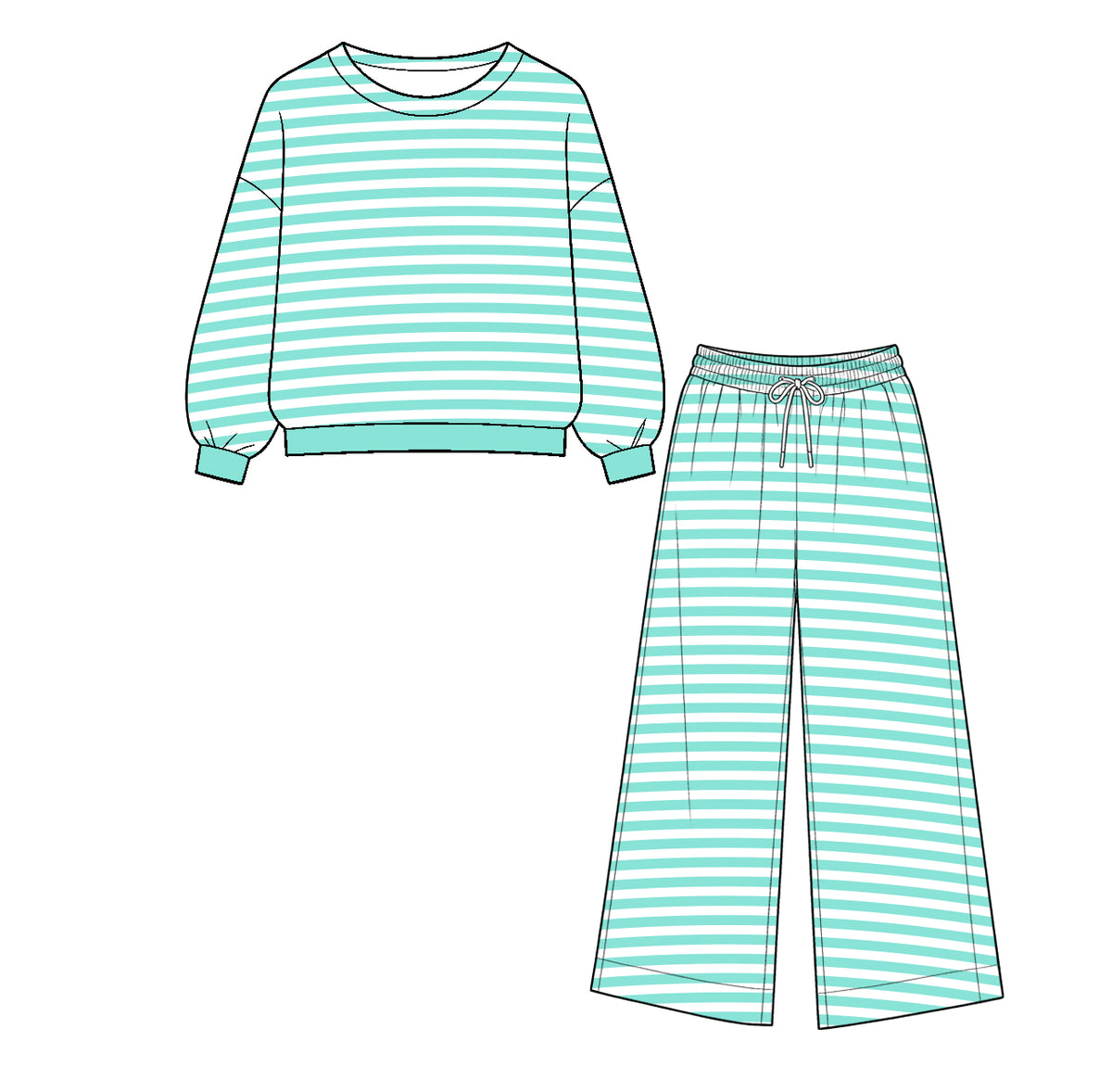 ( Moq 5 ) Baby Girls Kids Long Sleeves Green Stripes Shirt Pants Set Clothes