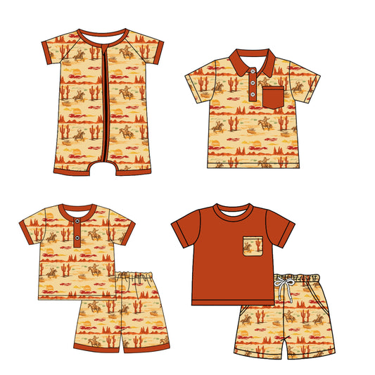 ( Moq 5 Each Style ) Baby Boy Short Sleeves Rodeo Cactus Western Sibling Romper Shirt Set 4.21
