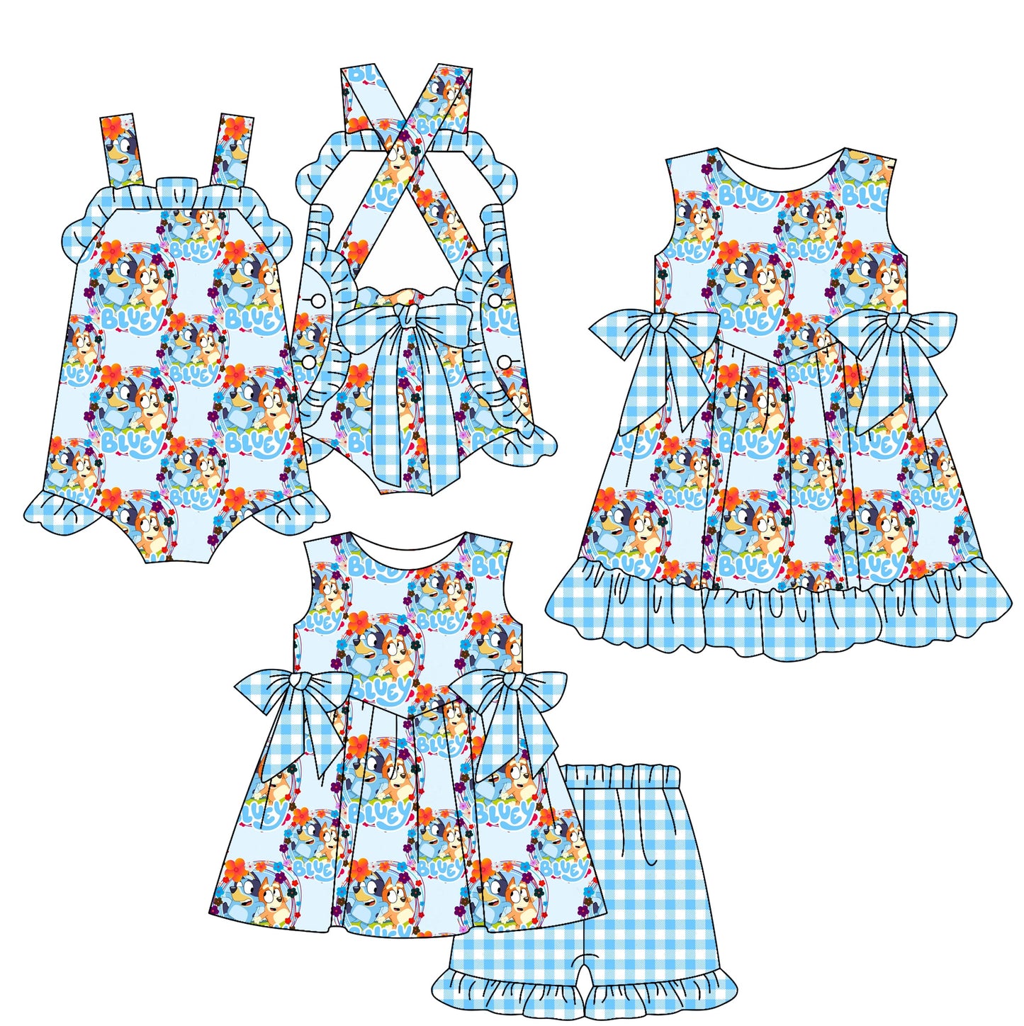 Baby Girl Sleeveless Dogs Blue Sibling Romper Dress Set ( Moq 5 Each Style ) 3.21