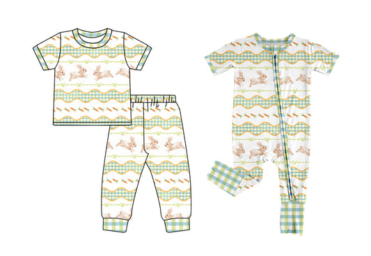 ( Moq 5 Each Style ) Toddler Kids Short Sleeves Rabbits Carrots Bows Easter Sibling Zipper Romper Set