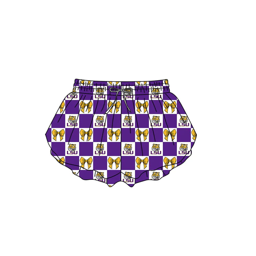 ( Moq 5 Each Style ) Kids Girls Adult Women Tigers Bows Purple Plaid Team Shorts Sibling Mom and Me Yoga Clothes