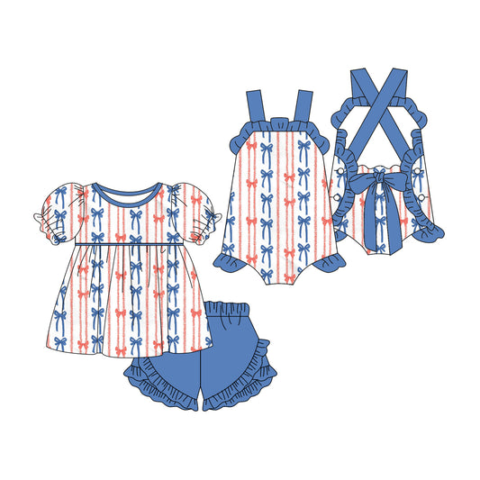 ( Moq 5 Each Style ) Sibling Baby Girls Kids Bows 4th of July Romper Set Summer Clothes