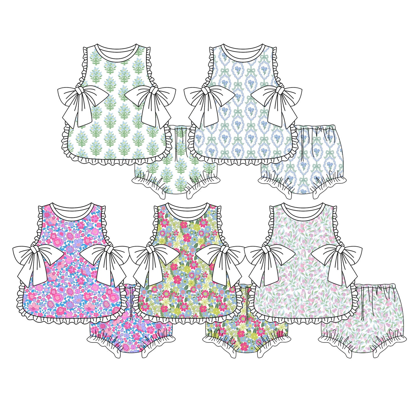 ( Moq 5 each style ) Baby Girls Kids Flower Bows Tops Bummie Shorts Sibling Clothes Sets