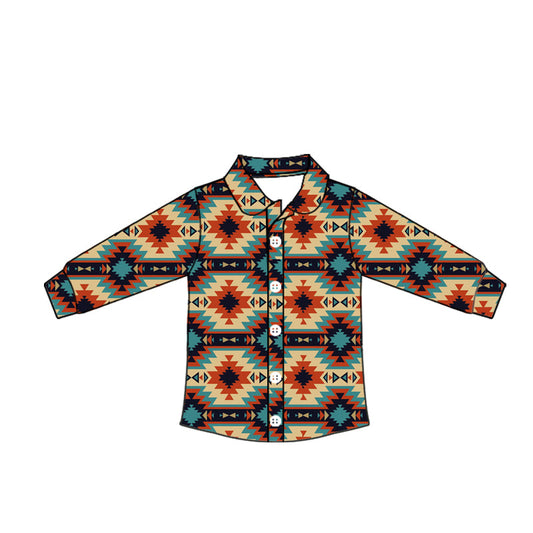 ( Moq 5 ) Baby Boy Long Sleeves Western Colorful Aztec Button Shirt Tops