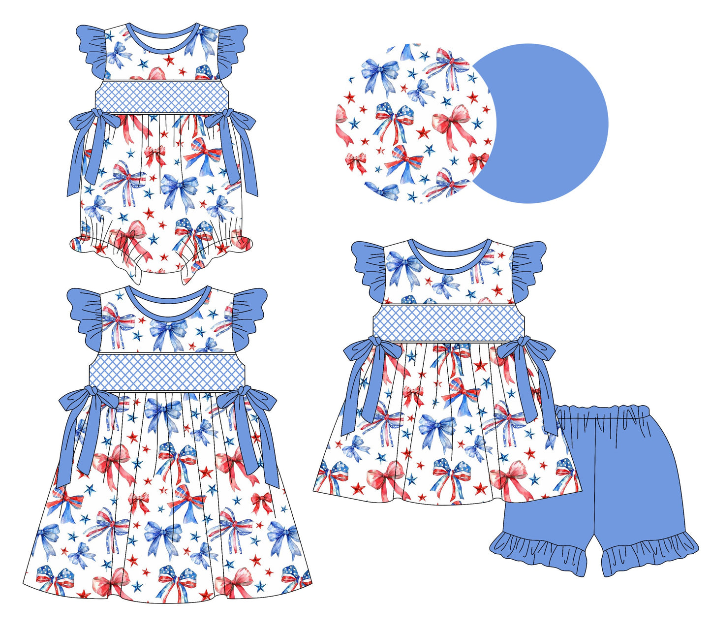 Baby Girl Short Sleeves July 4th Bows Sibling Romper Dress Set ( Moq 5 Each Style ) 3.7