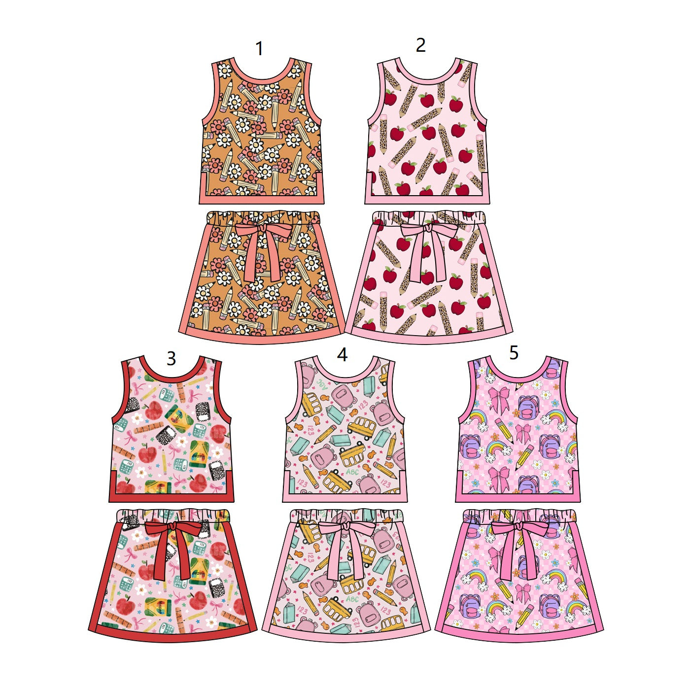 ( Moq 5 Each Style ) Sibling Baby Girls Kids Pencil Bows Shirts Pockets Skorts Sets Back to School Clothes