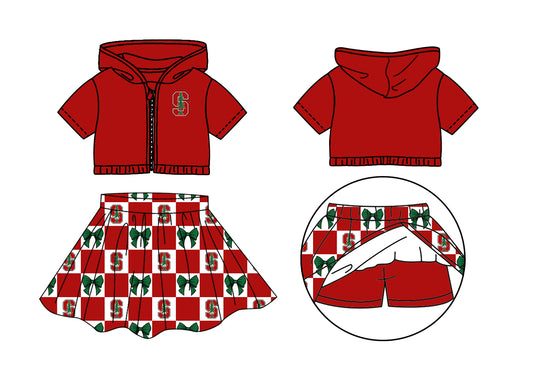 ( Moq 5 Each Style ) Baby Girls Kids Short Sleeves Hoodie Zipper Tops Tree Bows Plaid Shorts Skirt Team Set