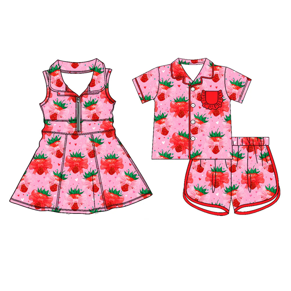 ( Moq 5 Each Style ) Baby Girls Strawberry Bows Shorts Dress Pajamas Set Summer Clothes