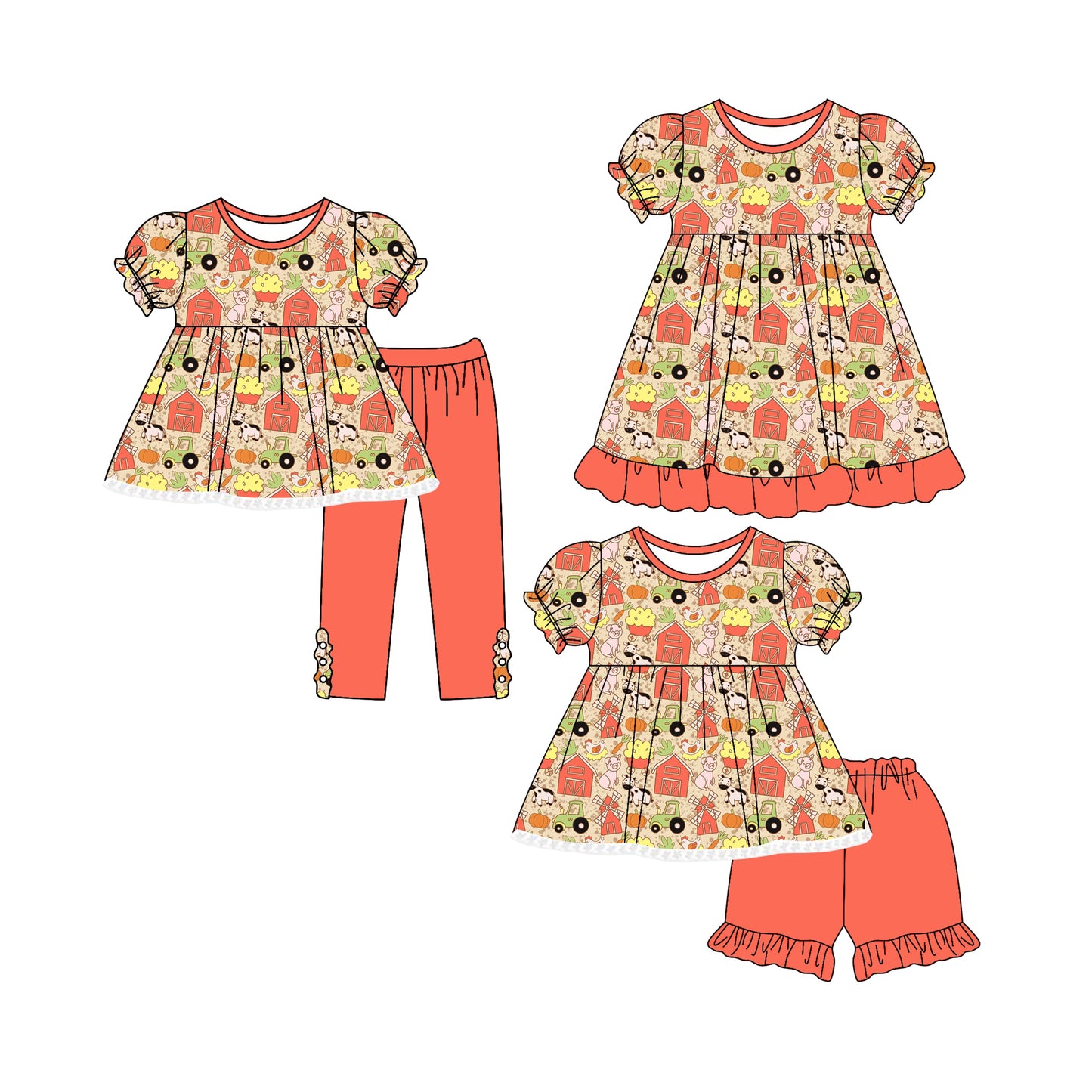 ( Moq 5 Each Style ) Baby Girl Short Sleeves Farm Animals Sibling Romper Dress Set 4.25