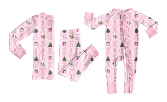 ( Moq 5 Each Style ) Baby Girl Toddler Christmas Pink Bows Sibling Pajamas Romper Set