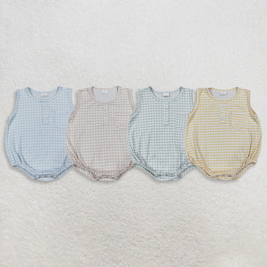 Sibling Baby Boy Infant Sleeveless Plaid Pockets Summer Bubble Rompers Clothes RTS