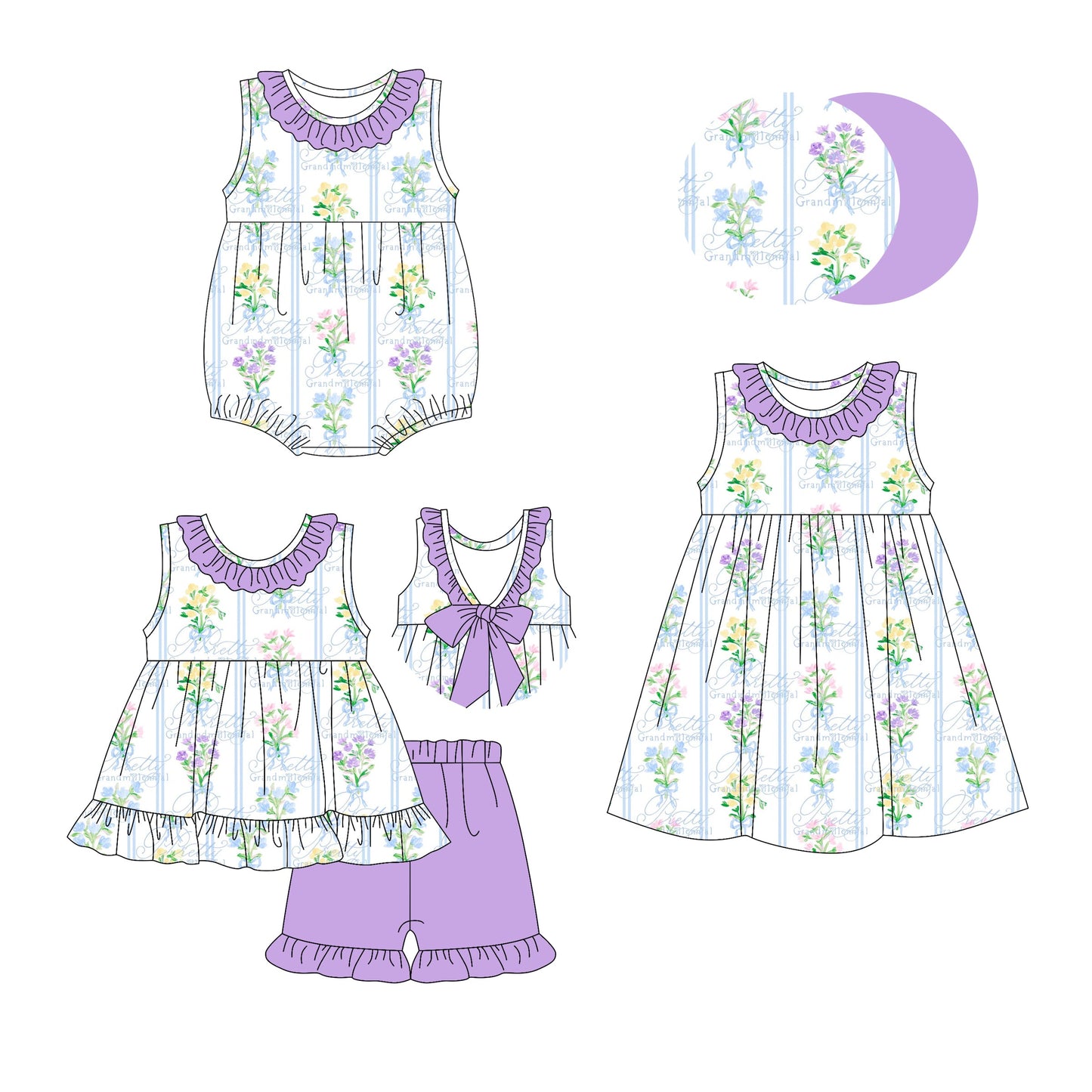 Baby Girl Flower Purple Ruffle Sibling Romper Dress Set ( Moq 5 Each Style ) 2.25