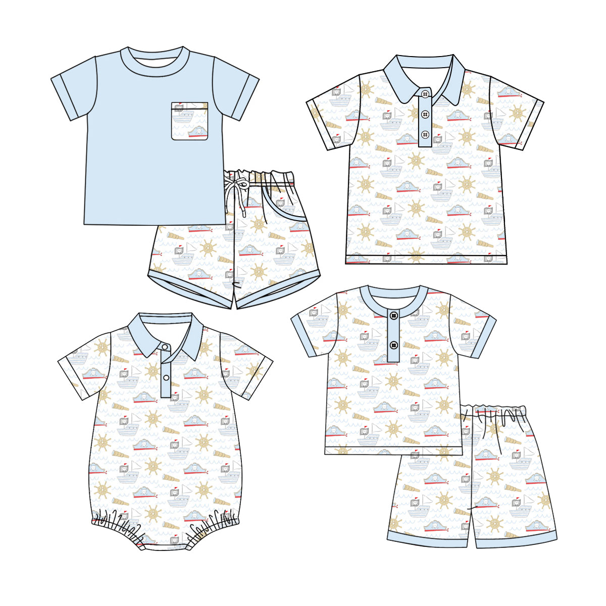 ( Moq 5 Each Style ) Baby Boy Toddler Short Sleeves Boats Sibling Shirt Romper Set