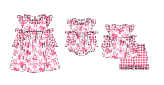 Baby Girl Bows Checkered Sibling Romper Dress Clothes Set ( Moq 5 Each Design )11.20