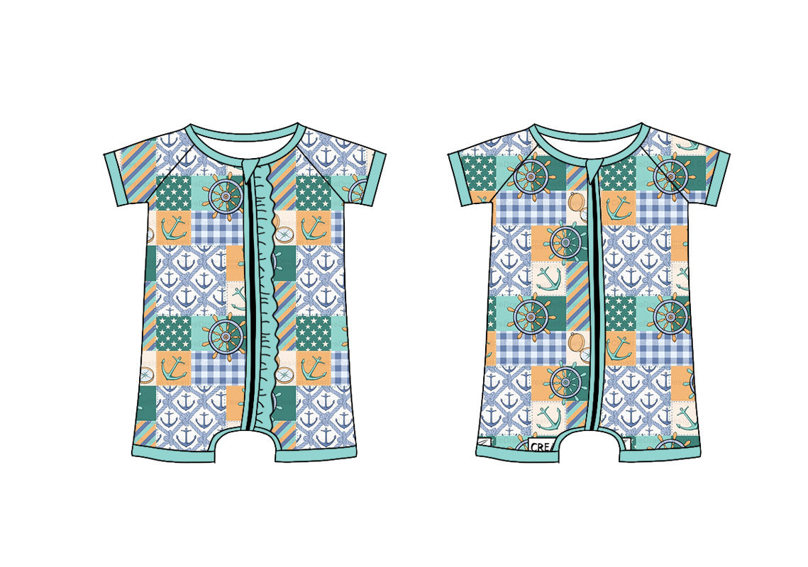 Baby Boy Girl Short Sleeves Boats Zipper Sibling Romper ( Moq 5 Each Style ) 3.8