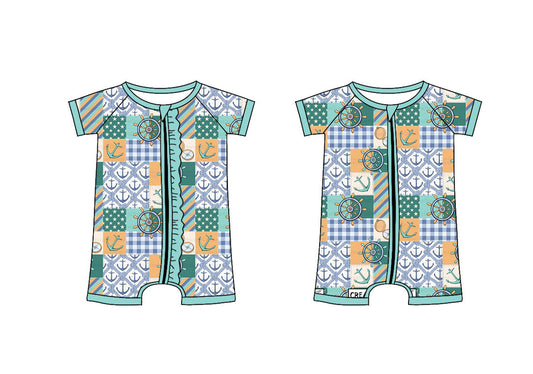 Baby Boy Girl Short Sleeves Boats Zipper Sibling Romper ( Moq 5 Each Style ) 3.8